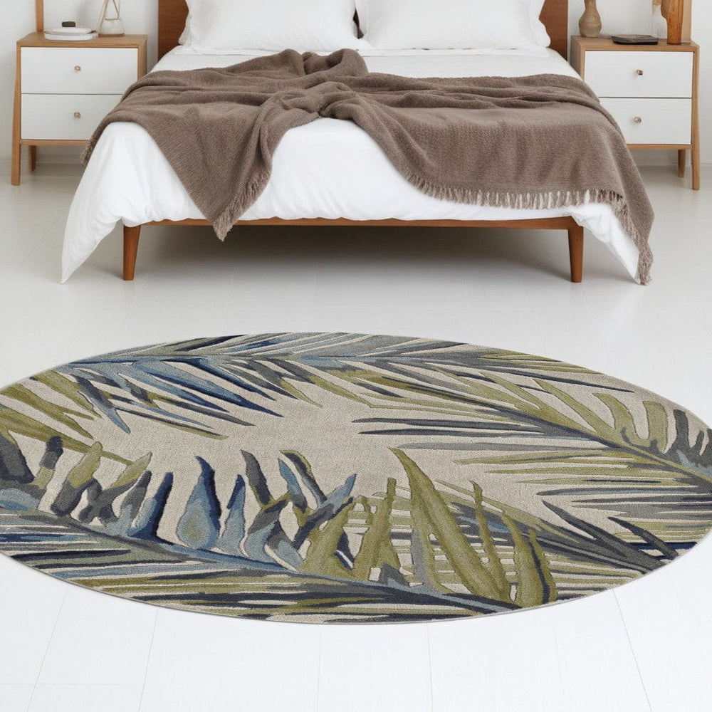 8' Ivory Hand Tufted Tropical Palms Round Indoor Area Rug - Homeroots