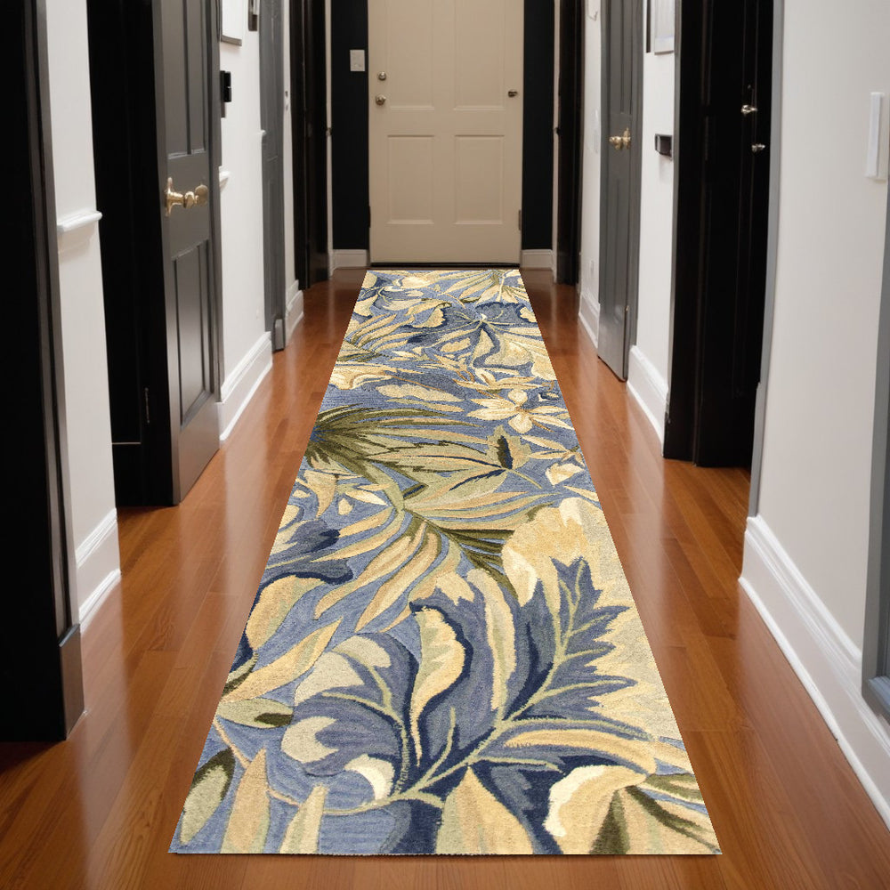2' X 10' Blue Tropical Leaves Wool Indoor Runner Rug - Homeroots