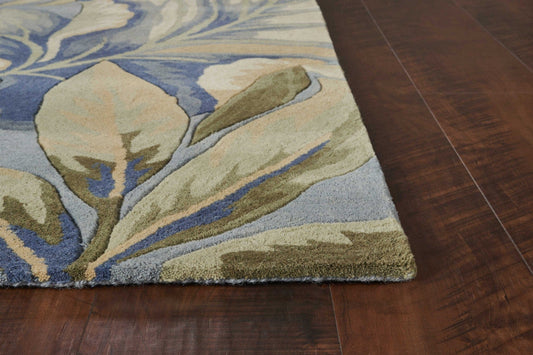 3' X 5' Blue Tropical Leaves Wool Indoor Area Rug