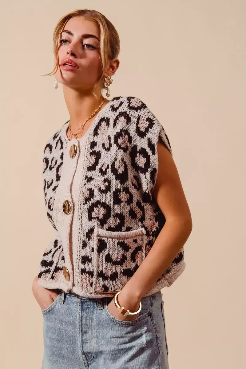SO ME Big Metal Button Front Leopard Sweater Vest Top - Trendsi - Flyclothing LLC