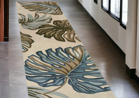 10' Ivory Hand Tufted Tropical Monstera Indoor Runner Rug - Homeroots
