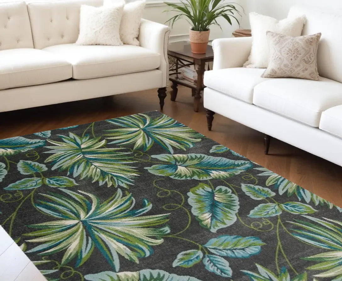 8' X 11' Grey Teal Machine Woven Oversized Tropical Leaves Indoor Area Rug - Homeroots - Flyclothing LLC