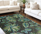 8' X 11' Grey Teal Machine Woven Oversized Tropical Leaves Indoor Area Rug - Homeroots