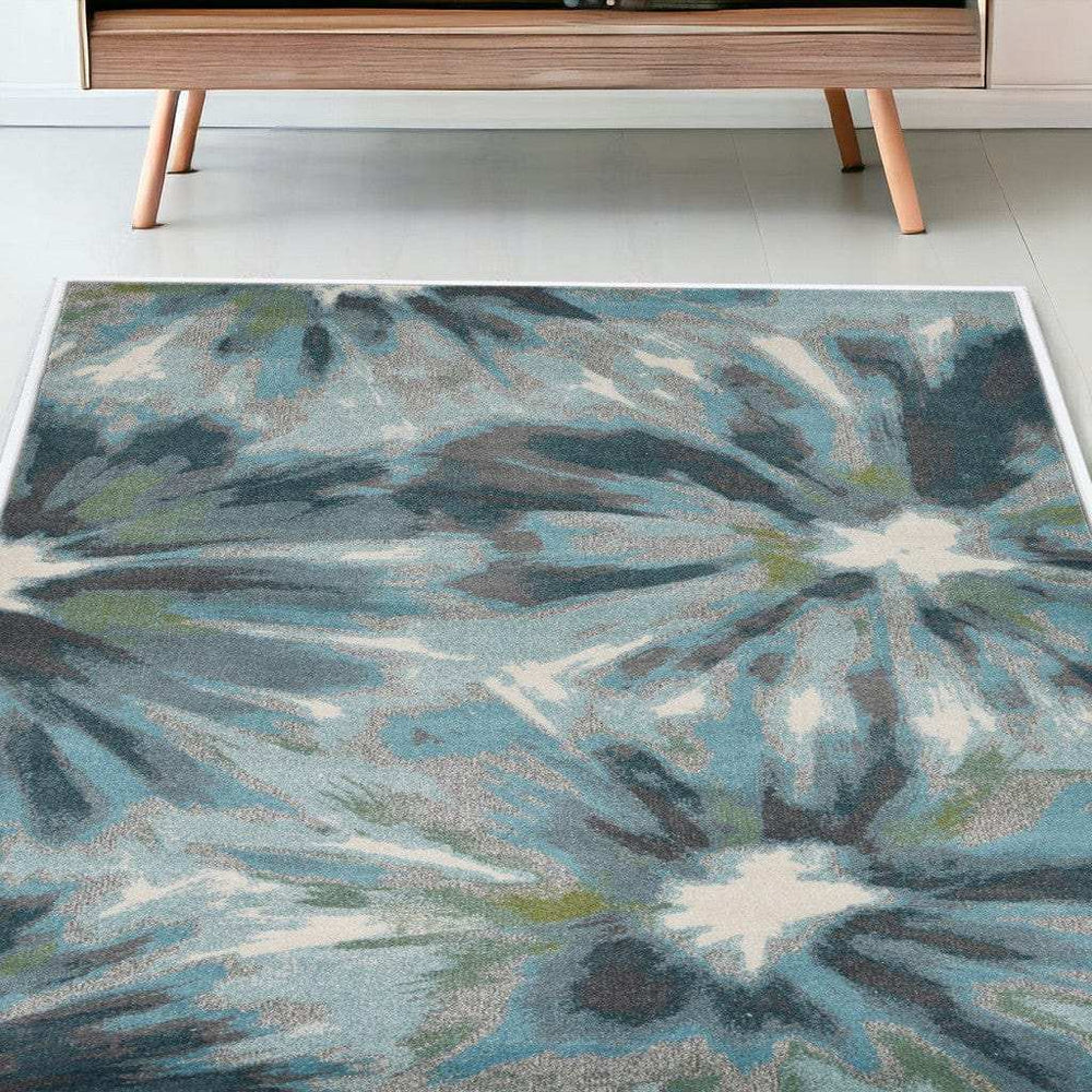 5' X 8' Teal Tropical Flower Indoor Area Rug - Homeroots - Flyclothing LLC