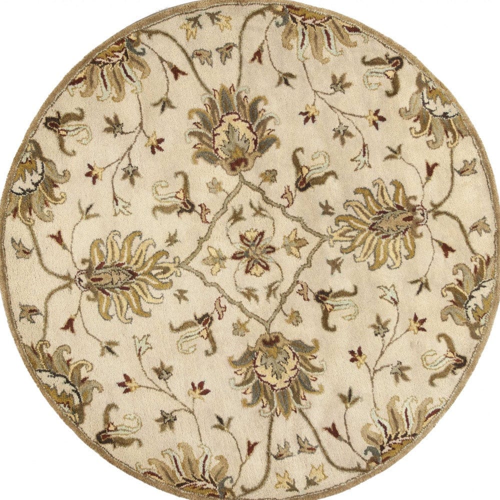 5' Round Champagne Floral Vine Wool Indoor Area Rug - Homeroots