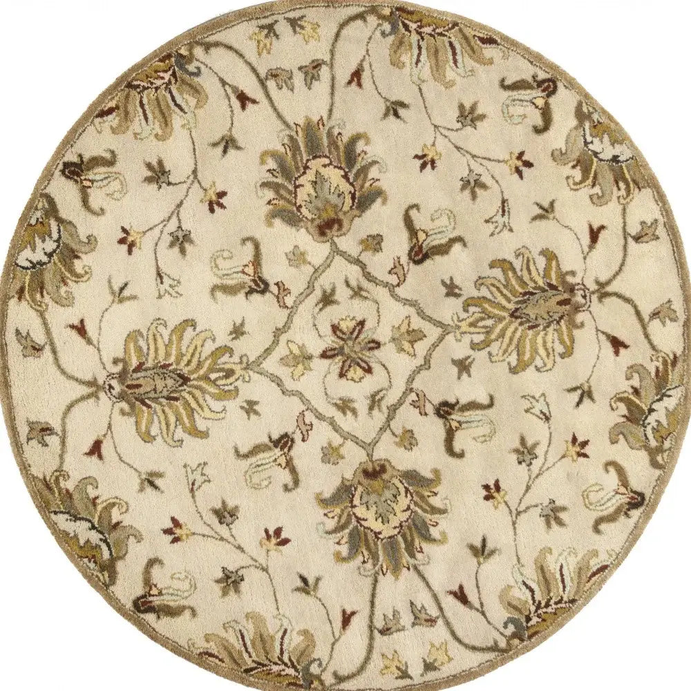 5' Round Champagne Floral Vine Wool Indoor Area Rug - Homeroots - Flyclothing LLC