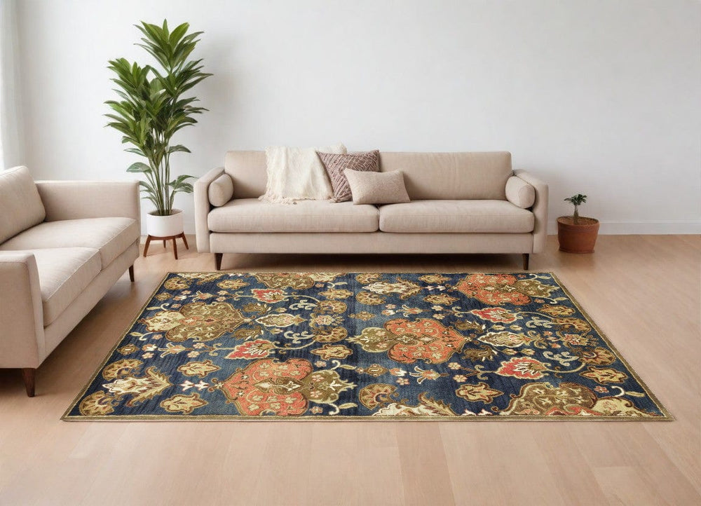8' X 11' Navy Blue Hand Tufted Traditional Floral Indoor Area Rug - Homeroots