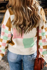 Checkered Round Neck Drop Shoulder Sweater - Trendsi - Flyclothing LLC