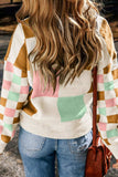 Checkered Round Neck Drop Shoulder Sweater - Trendsi - Flyclothing LLC