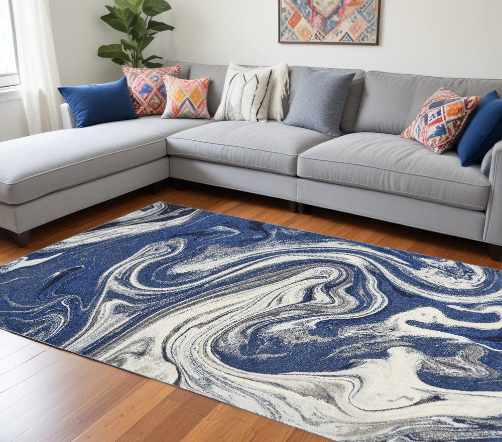 7' X 10' Blue Beige Machine Woven Marble Indoor Area Rug - Homeroots