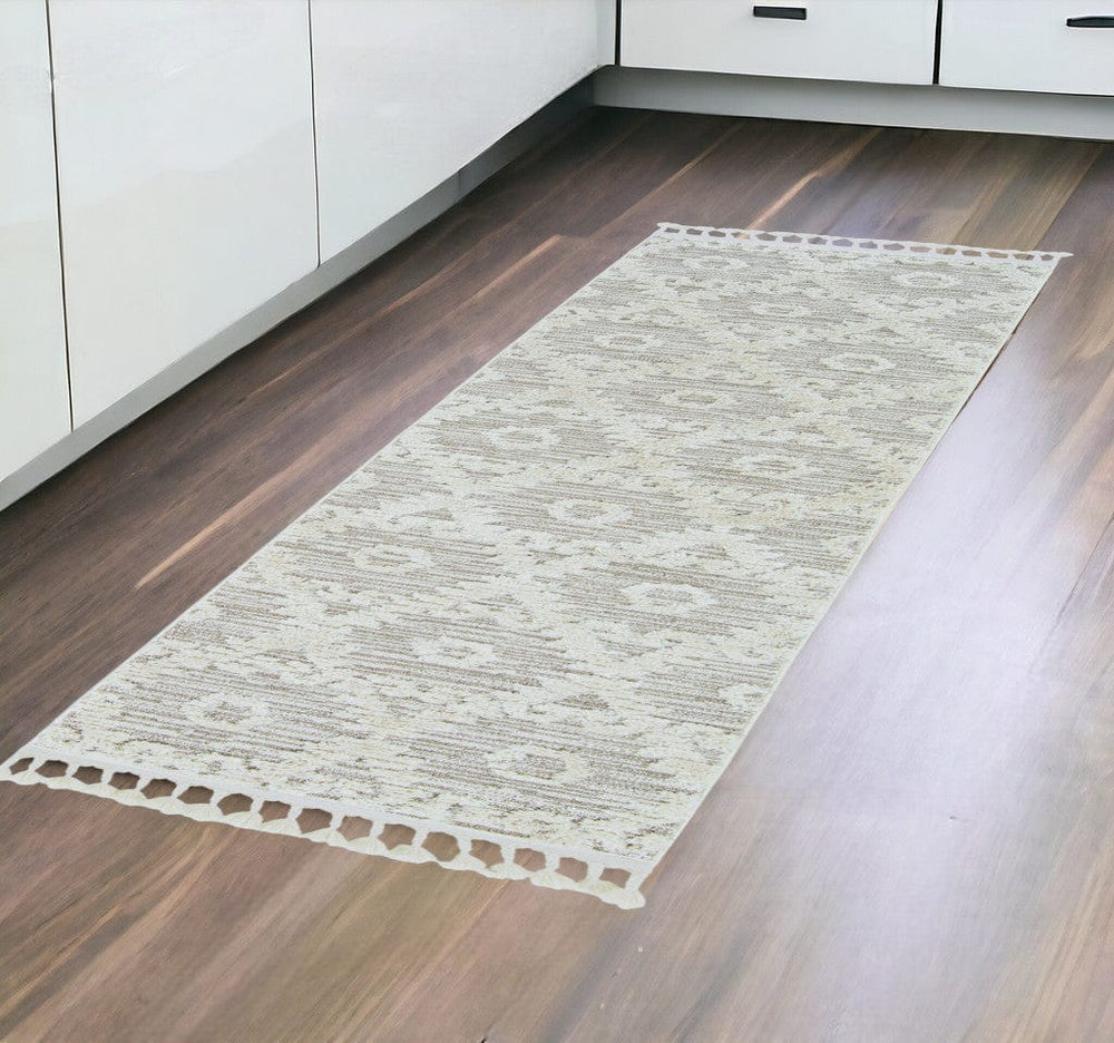 8' Beige and Ivory Geometric Runner Rug - Homeroots