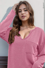 Double Take Striped Notched Long Sleeve T-Shirt - Trendsi - Flyclothing LLC