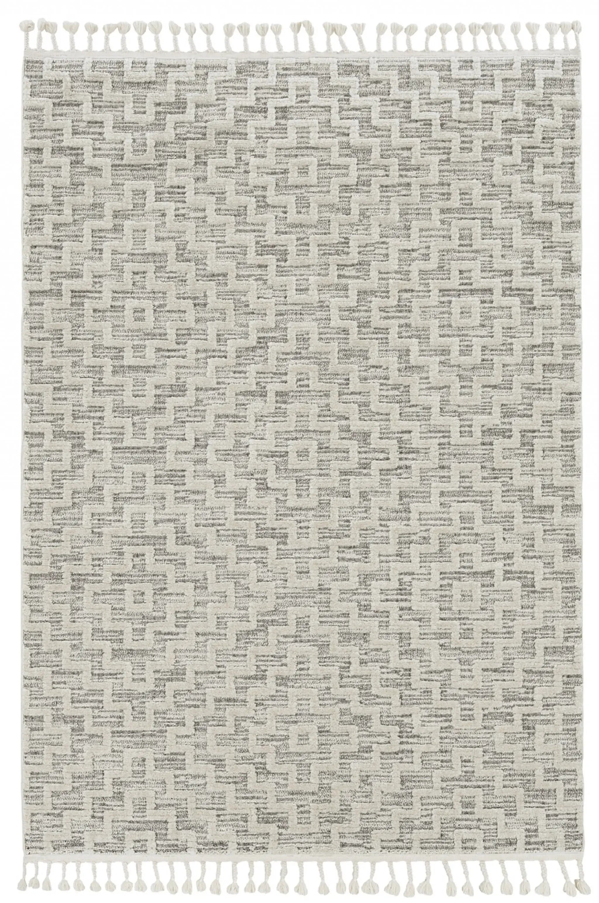 8' Ivory Grey Machine Woven Geometric With Fringe Indoor Runner Rug - Homeroots - Flyclothing LLC
