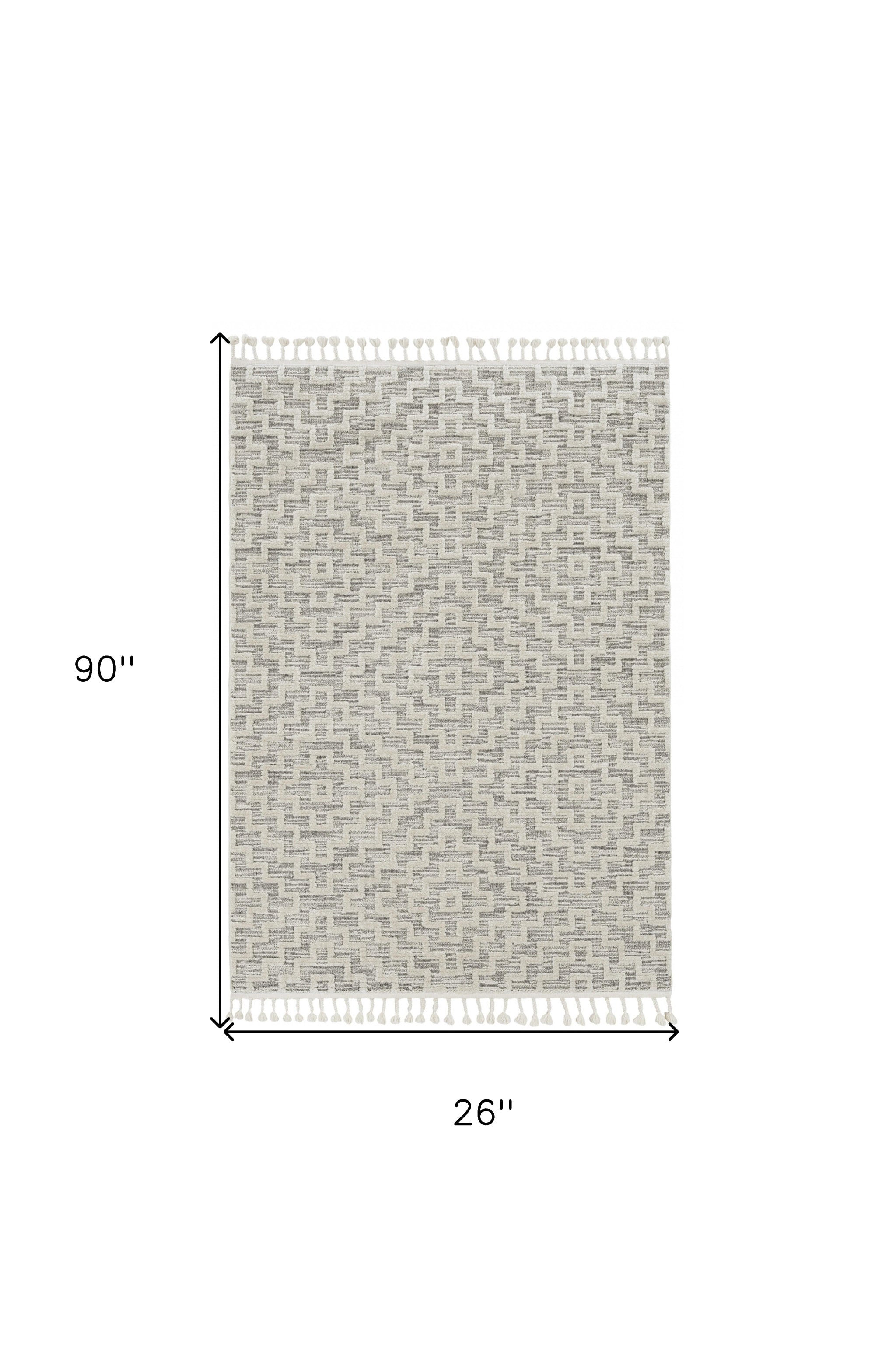 8' Ivory Grey Machine Woven Geometric With Fringe Indoor Runner Rug