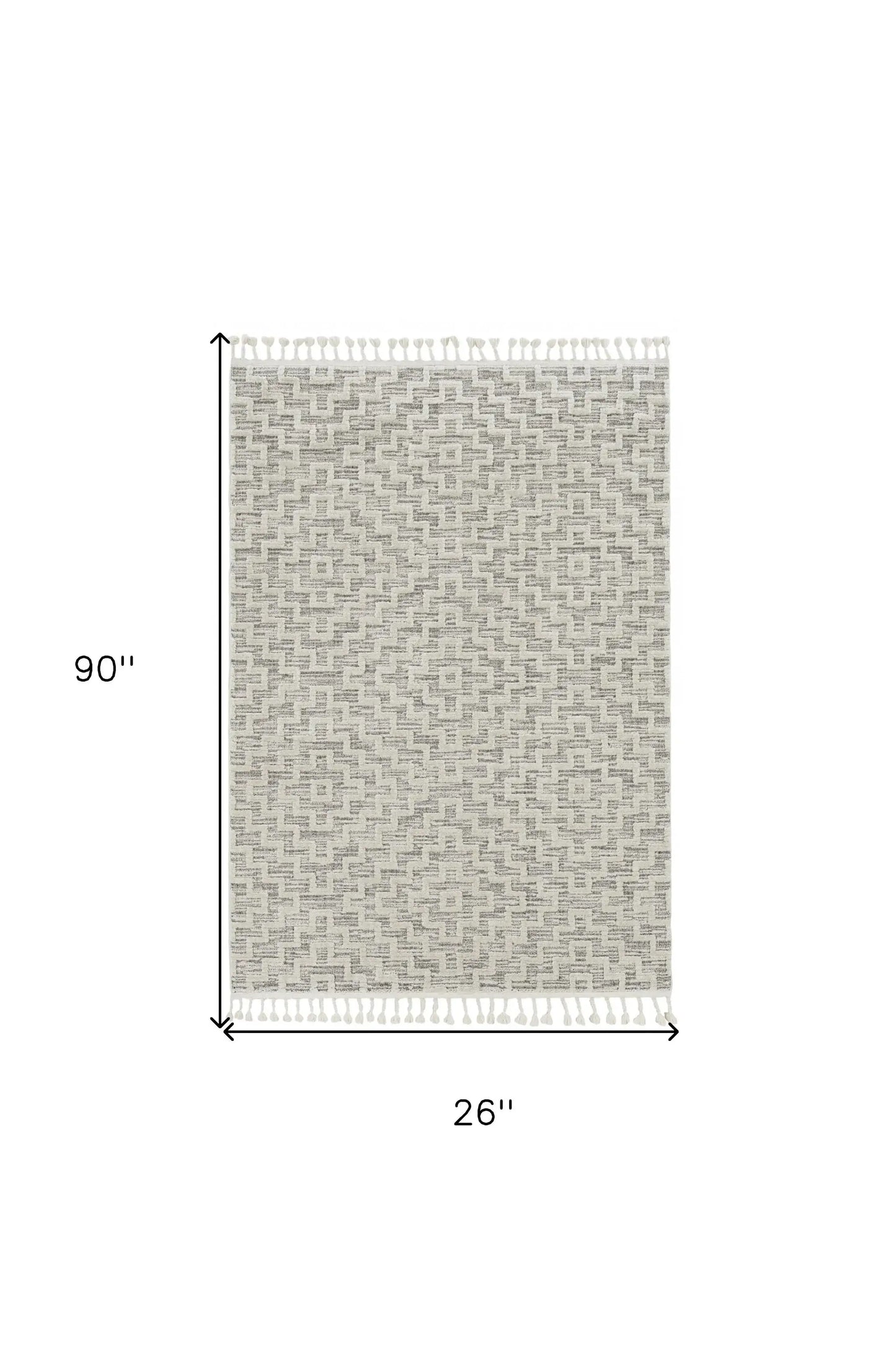 8' Ivory Grey Machine Woven Geometric With Fringe Indoor Runner Rug - Homeroots - Flyclothing LLC