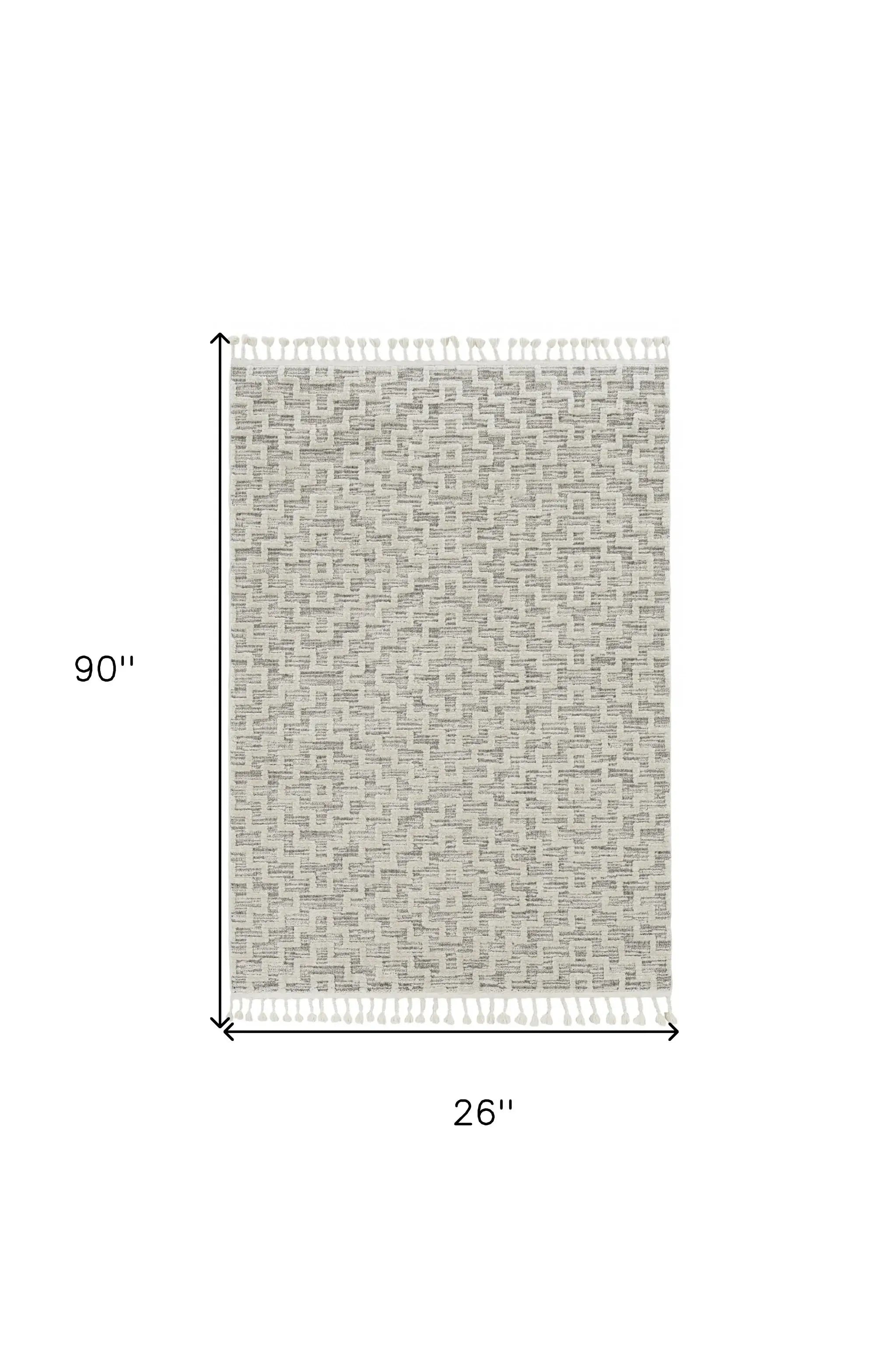 8' Ivory Grey Machine Woven Geometric With Fringe Indoor Runner Rug - Homeroots - Flyclothing LLC