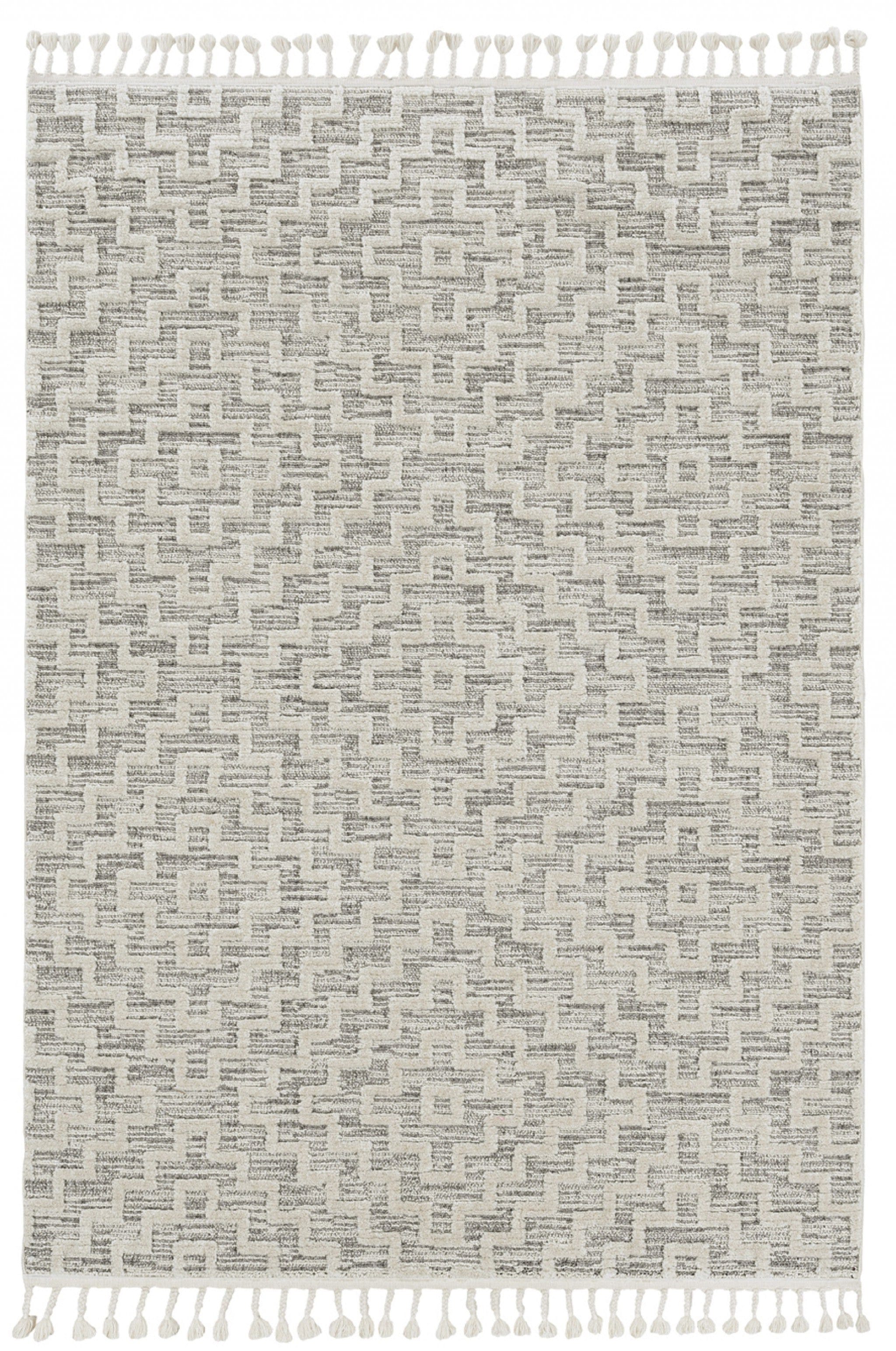 8' Ivory Grey Machine Woven Geometric With Fringe Indoor Runner Rug