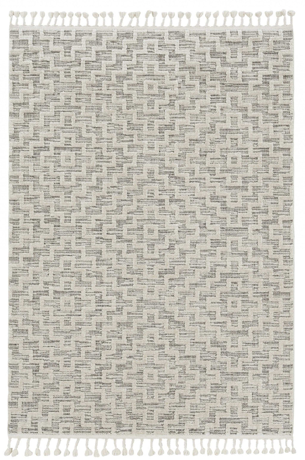 8' Ivory Grey Machine Woven Geometric With Fringe Indoor Runner Rug - Homeroots - Flyclothing LLC