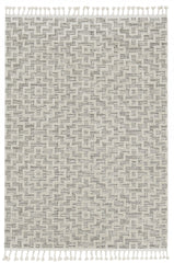 8' Ivory Grey Machine Woven Geometric With Fringe Indoor Runner Rug