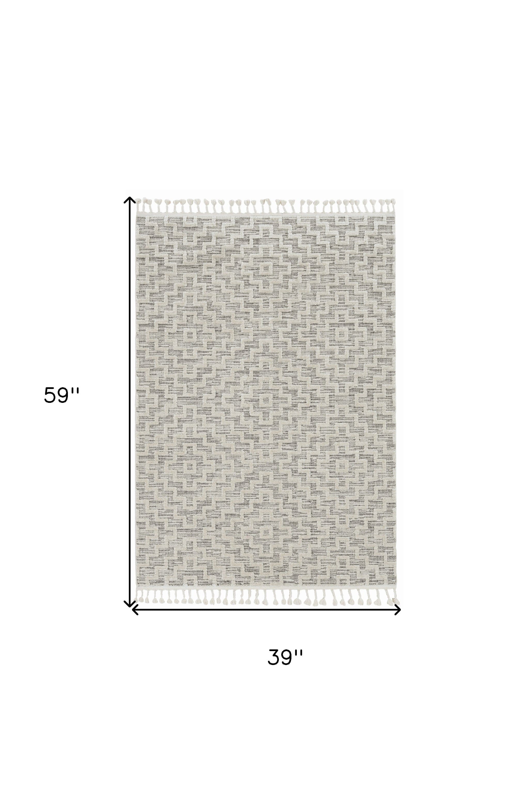 3' X 5' Ivory Grey Zigzag Diamonds Area Rug With Fringe