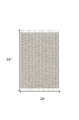 3' X 5' Ivory Grey Zigzag Diamonds Area Rug With Fringe