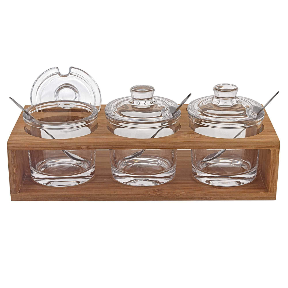 6 Mouth Blown Crystal Jam Set With 3 Glass Jars And Spoons On A Wood Stand - Homeroots
