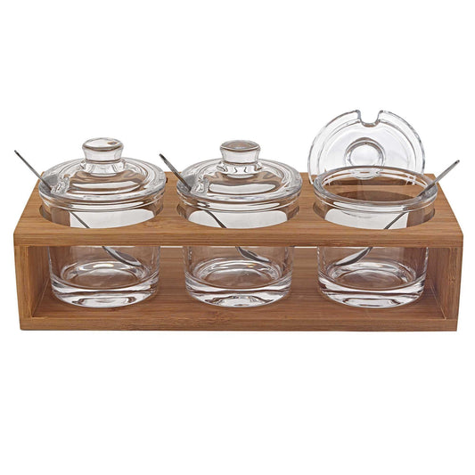 6 Mouth Blown Crystal Jam Set With 3 Glass Jars And Spoons On A Wood Stand - Homeroots - Flyclothing LLC