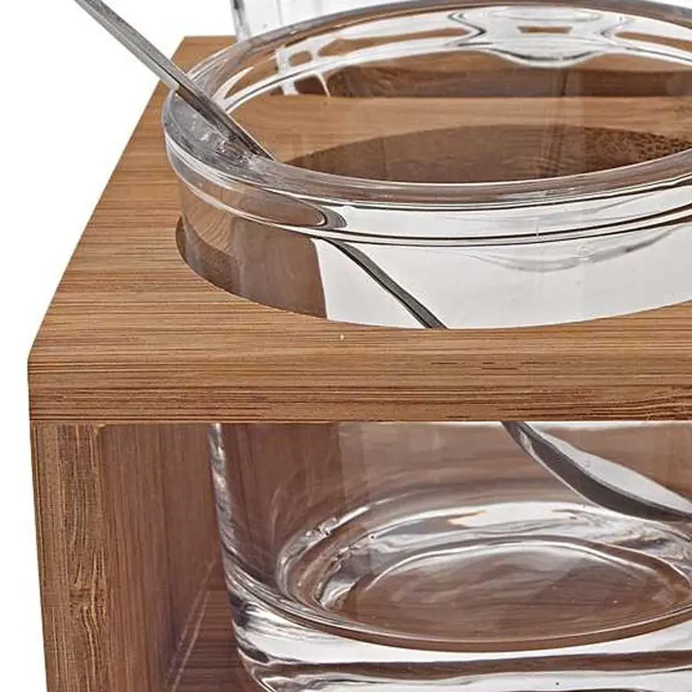6 Mouth Blown Crystal Jam Set With 3 Glass Jars And Spoons On A Wood Stand - Homeroots - Flyclothing LLC