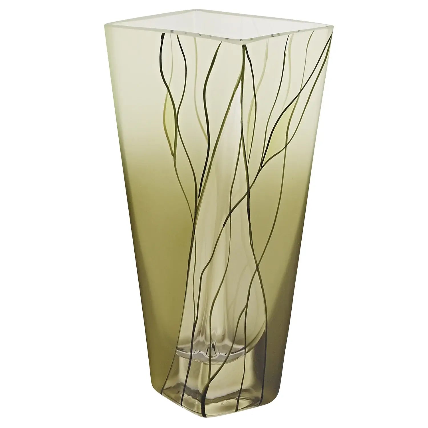 8 Mouth Blown European Made Green Glass Hand Decorated Squarish Vase - Homeroots - Flyclothing LLC