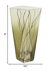 8 Mouth Blown European Made Green Glass Hand Decorated Squarish Vase - Homeroots - Flyclothing LLC