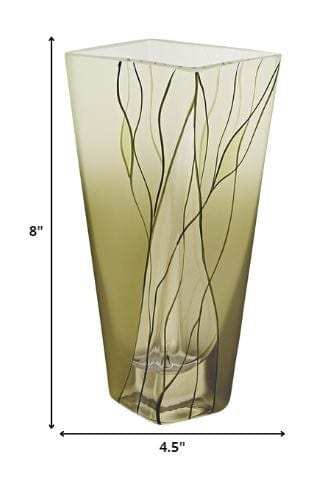 8 Mouth Blown European Made Green Glass Hand Decorated Squarish Vase - Homeroots - Flyclothing LLC
