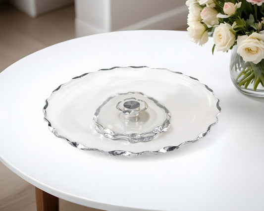 13" Clear and Silver Round Glass Hand Finished Lazy Susan - Homeroots