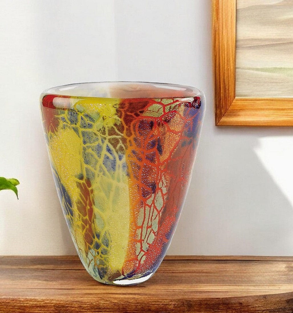 8" Orange Red and Yellow Murano Glass Abstract Oval Table Vase - Homeroots
