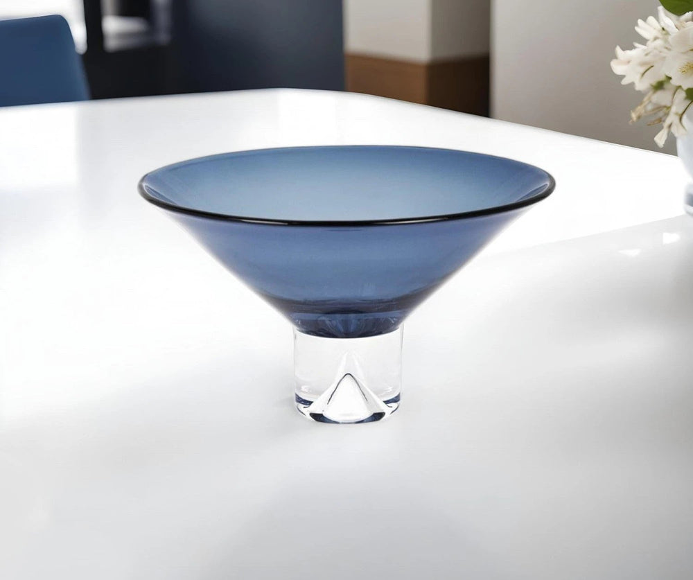 11" Blue Mouth Blown Crystal Round Pedestal Centerpiece Bowl - Homeroots