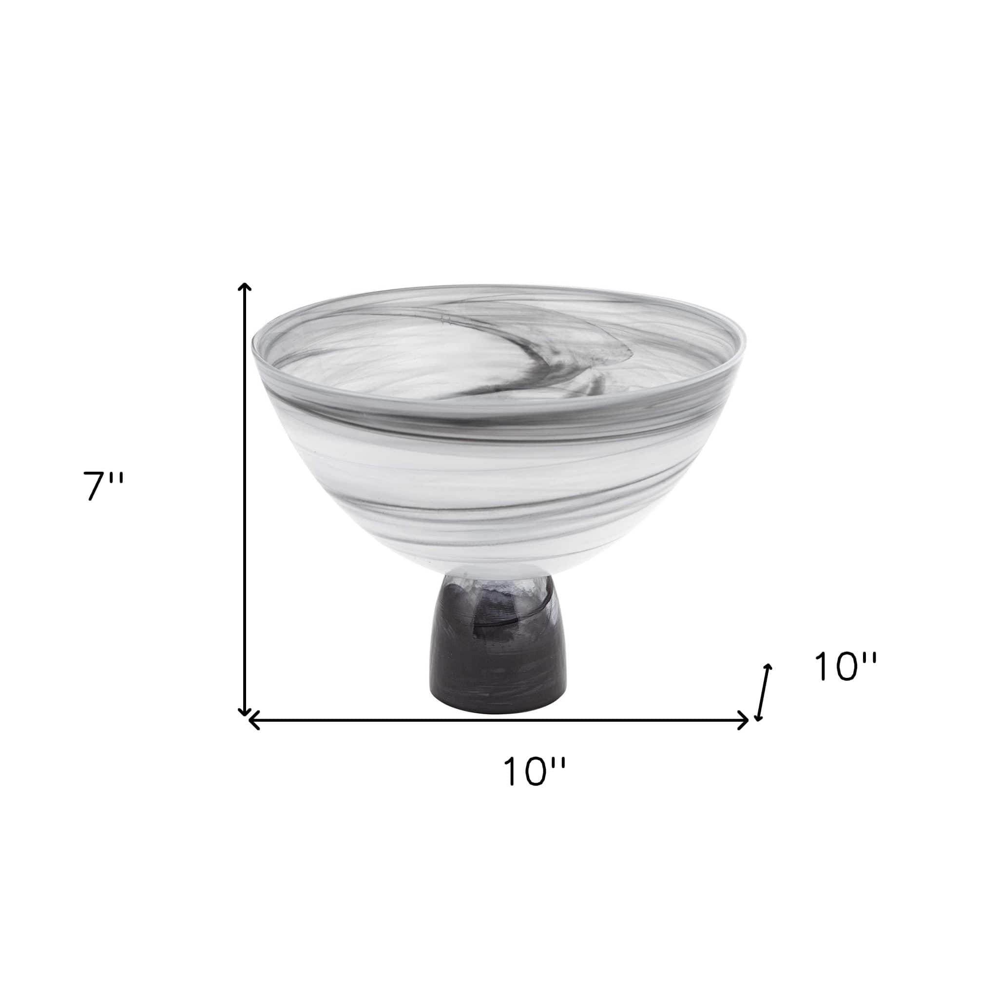 10" Black and Gray Swirl Mouth Blown Glass Footed Centerpiece Bowl - Homeroots - Flyclothing LLC