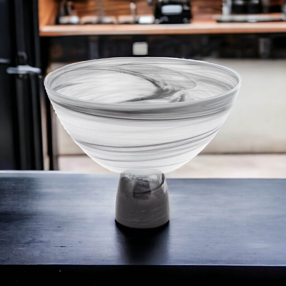 10" Black and Gray Swirl Mouth Blown Glass Footed Centerpiece Bowl - Homeroots