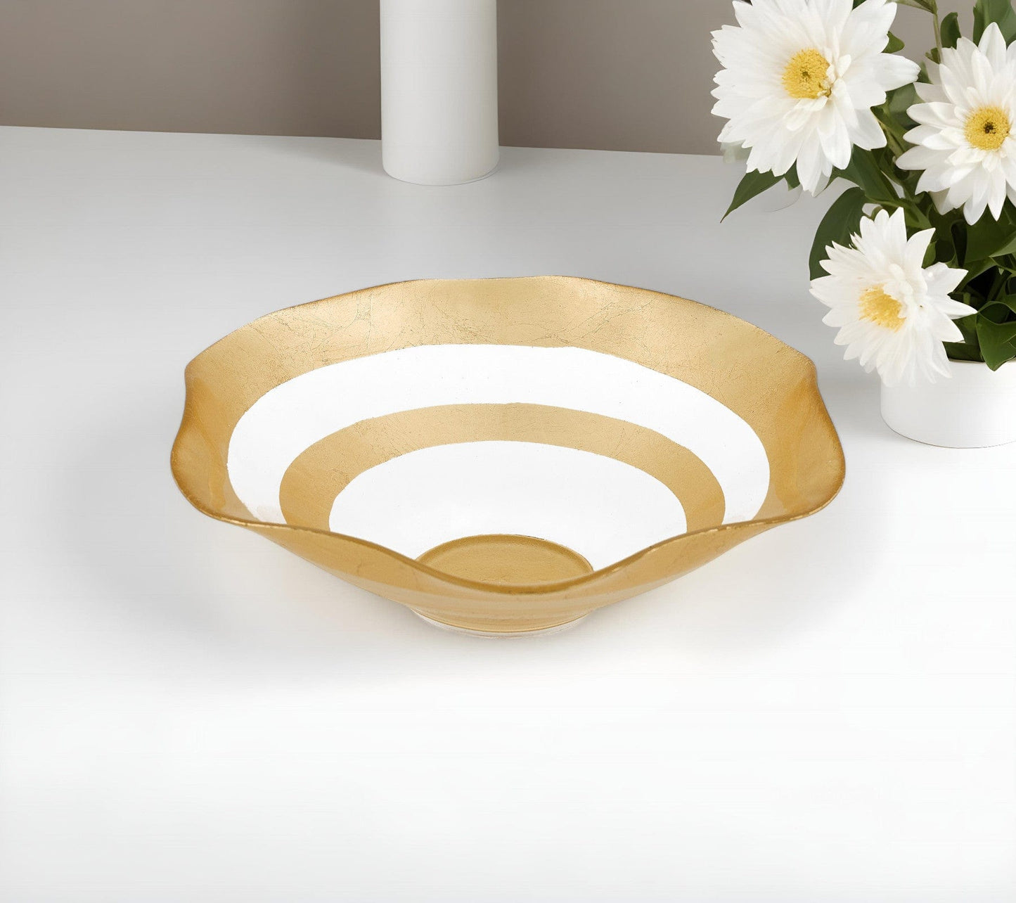 9" Clear and Gold Glass Round Ruffle Centerpiece Bowl - Homeroots - Flyclothing LLC