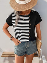 Striped Round Neck Short Sleeve T-Shirt - Trendsi - Flyclothing LLC