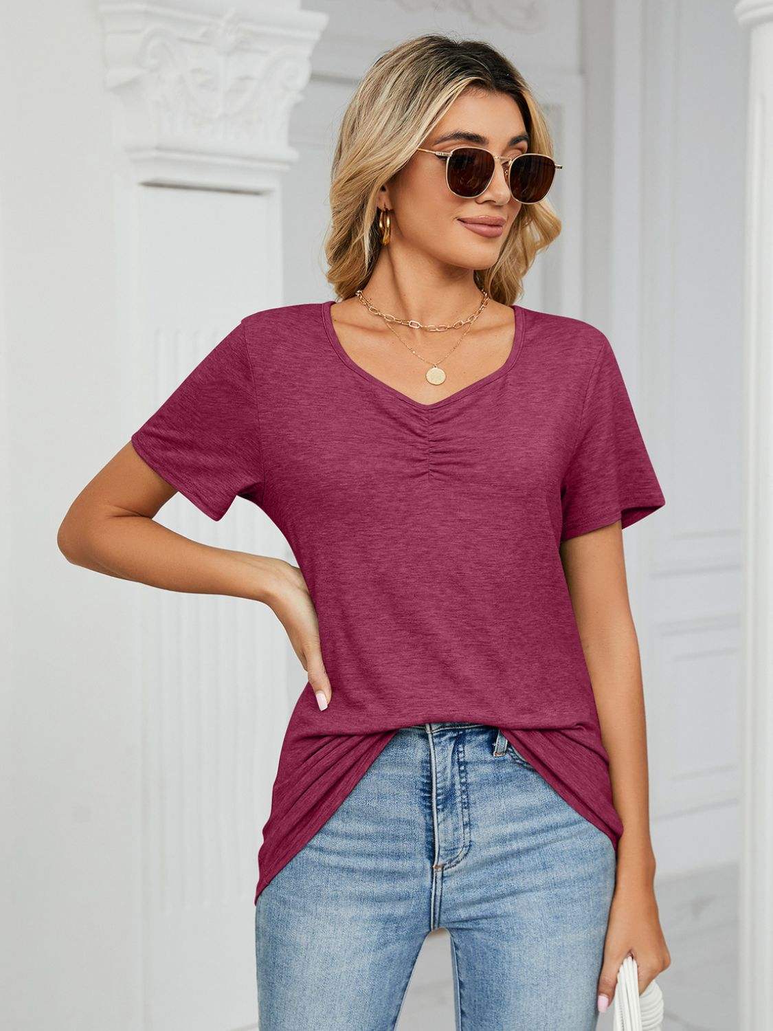 Ruched V-Neck Short Sleeve T-Shirt - Trendsi - Flyclothing LLC