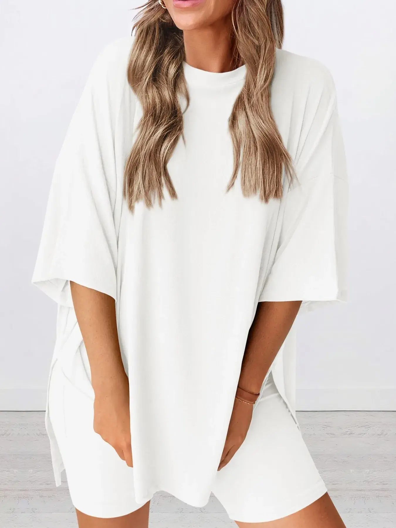 Full Size Oversized Round Neck Top and Shorts Set Plus Size - Trendsi - Flyclothing LLC
