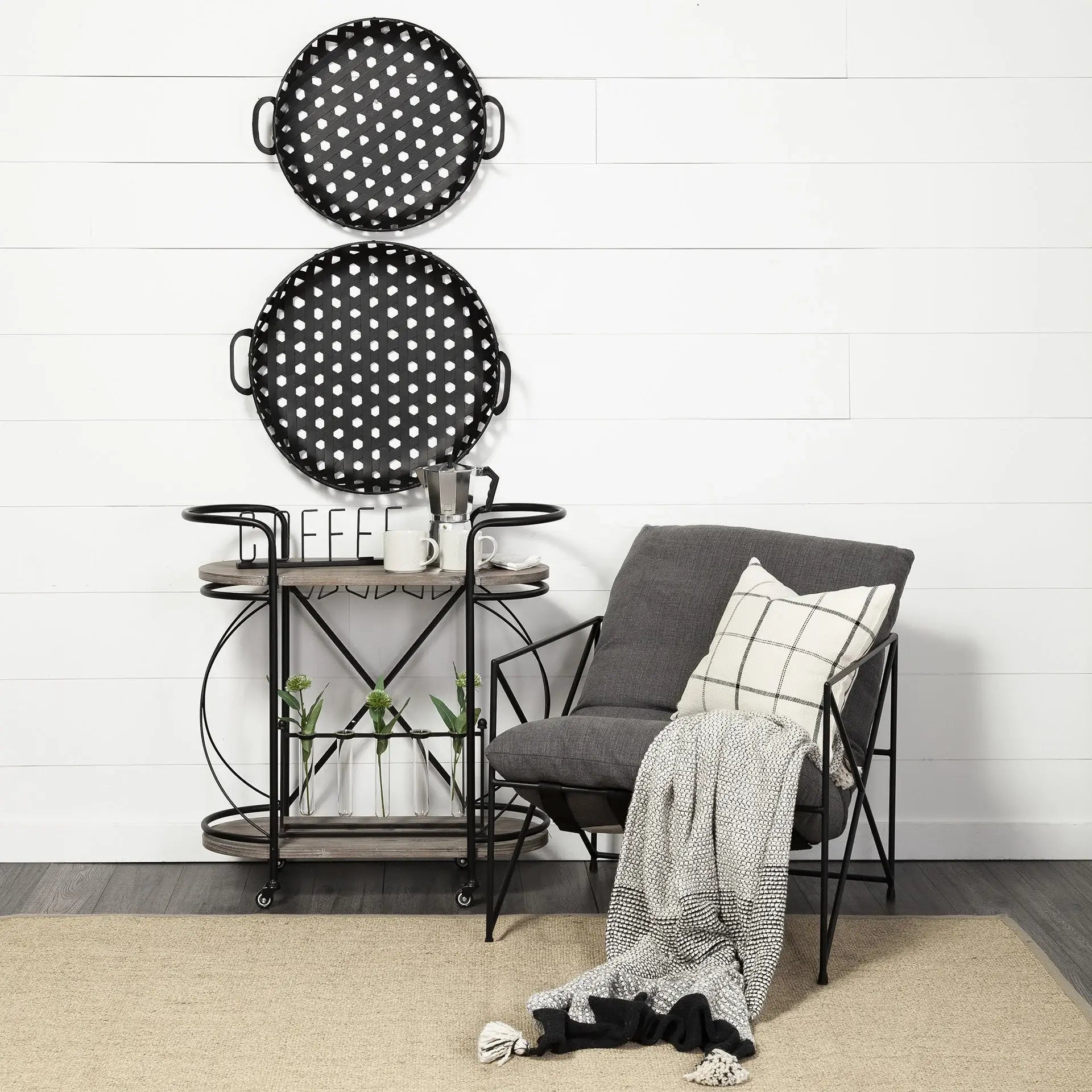 Cyclider Black Metal With Two Wooden Shelves Bar Cart - Homeroots - Flyclothing LLC
