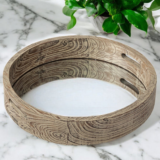 20" Light Brown Round Wood Indoor Outdoor Serving Tray With Handles - Homeroots