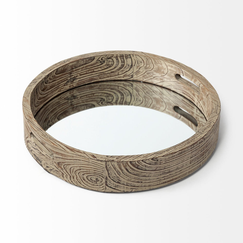 20" Light Brown Round Wood Indoor Outdoor Serving Tray With Handles - Homeroots - Flyclothing LLC