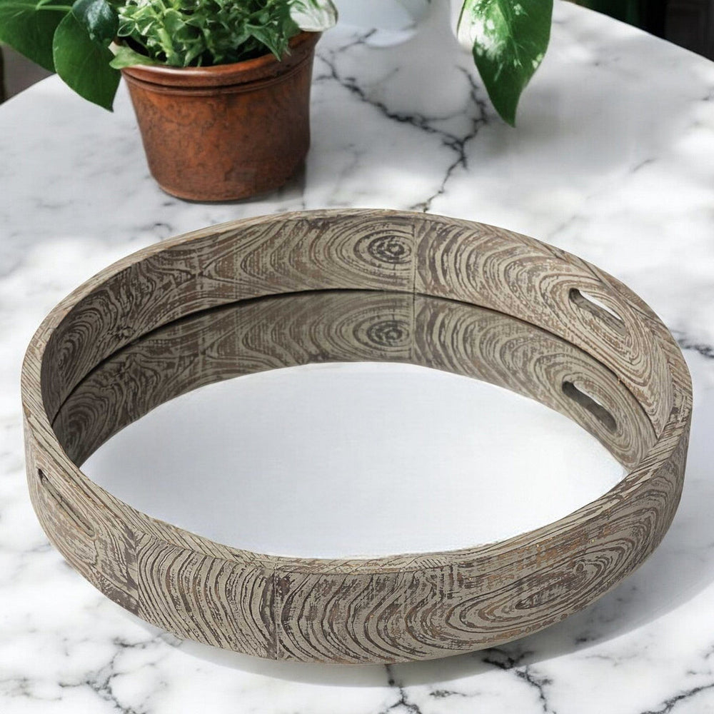28" Natural and Brown Round Wood Indoor Outdoor Tray With Handles - Homeroots - Flyclothing LLC