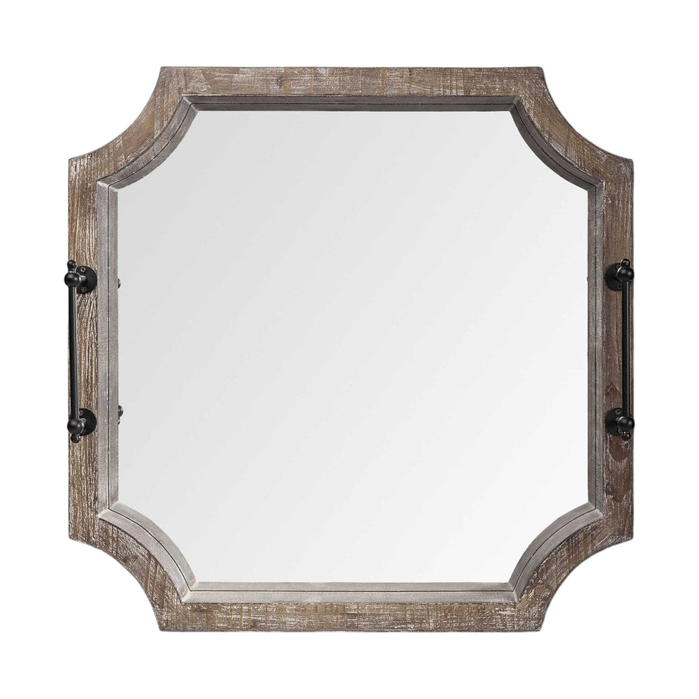 23" Brown Hexagonal Wood and Mirrored Glass Serving Tray With Handles - Homeroots - Flyclothing LLC