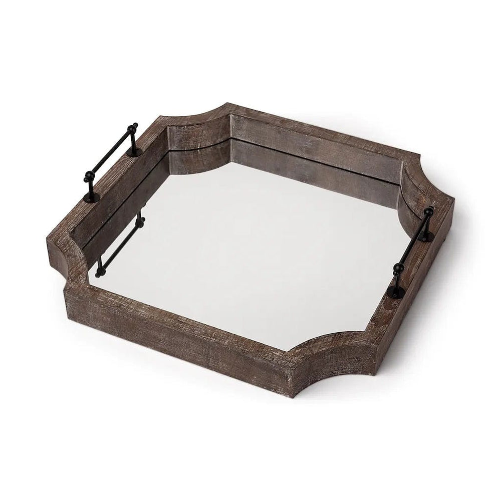 23" Brown Hexagonal Wood and Mirrored Glass Serving Tray With Handles - Homeroots - Flyclothing LLC