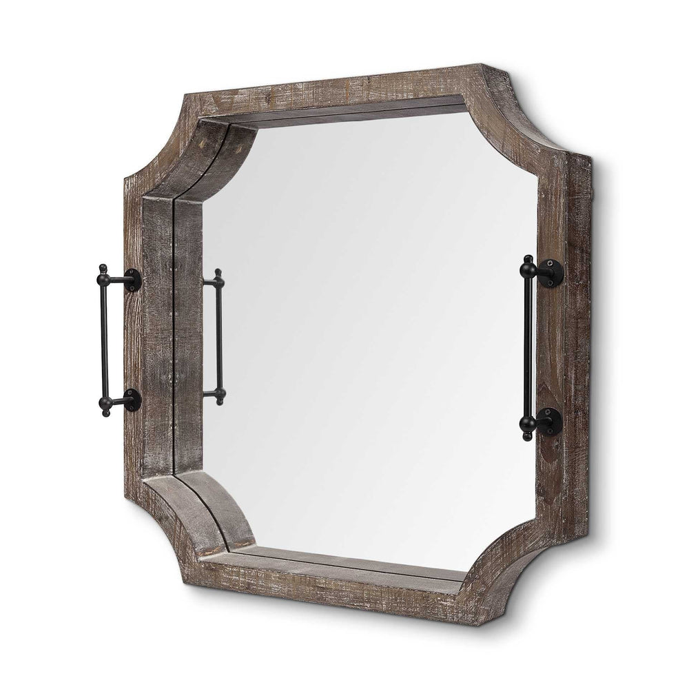23" Brown Hexagonal Wood and Mirrored Glass Serving Tray With Handles - Homeroots - Flyclothing LLC