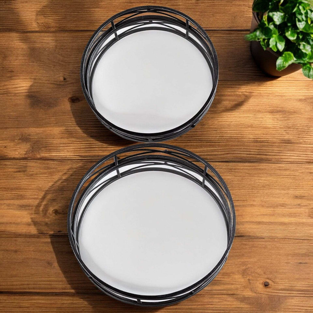 Set of Two Black Round Metal Indoor Outdoor Tray With Handles - Homeroots - Flyclothing LLC