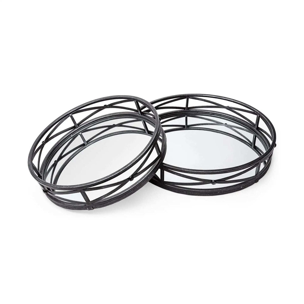 Set of Two Black Round Metal Indoor Outdoor Tray With Handles - Homeroots - Flyclothing LLC