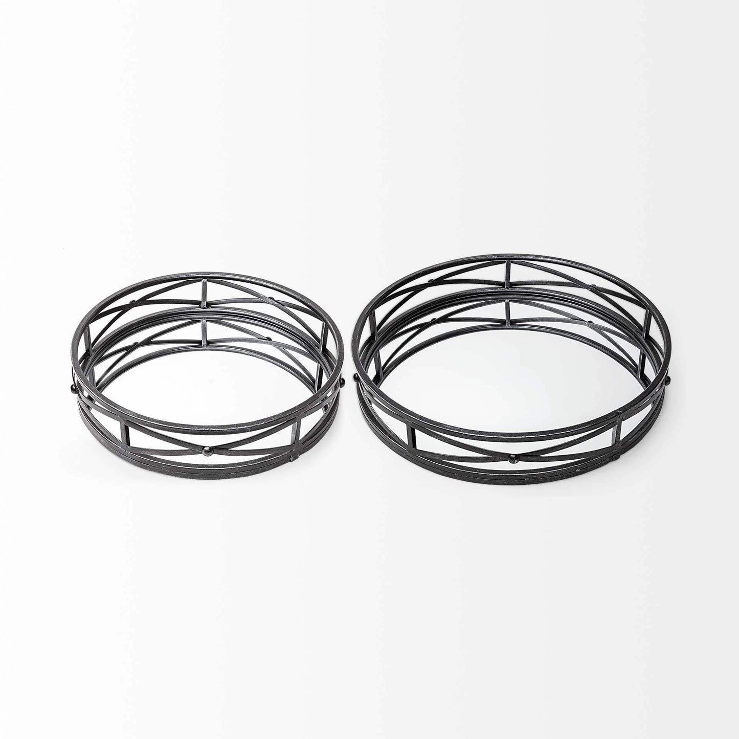 Set of Two Black Round Metal Indoor Outdoor Tray With Handles - Homeroots - Flyclothing LLC